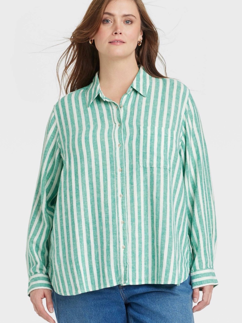 Universal Thread Vertical Stripe Button-Front Shirt in Mint and White